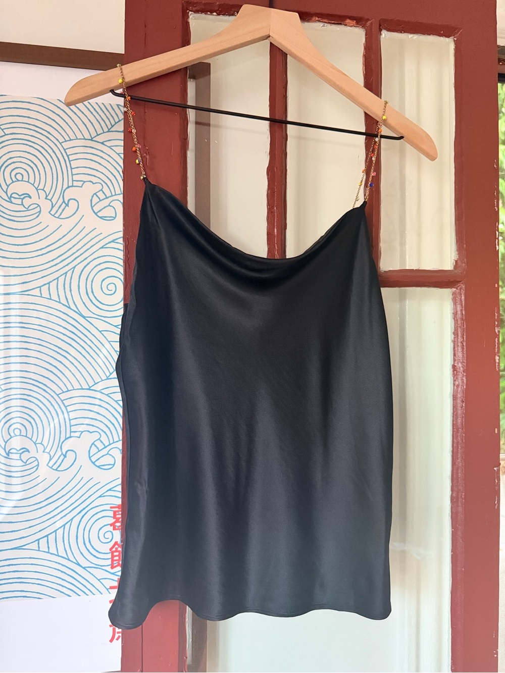 Cami NYC Black Satin Cowl Slip with Beaded Straps
